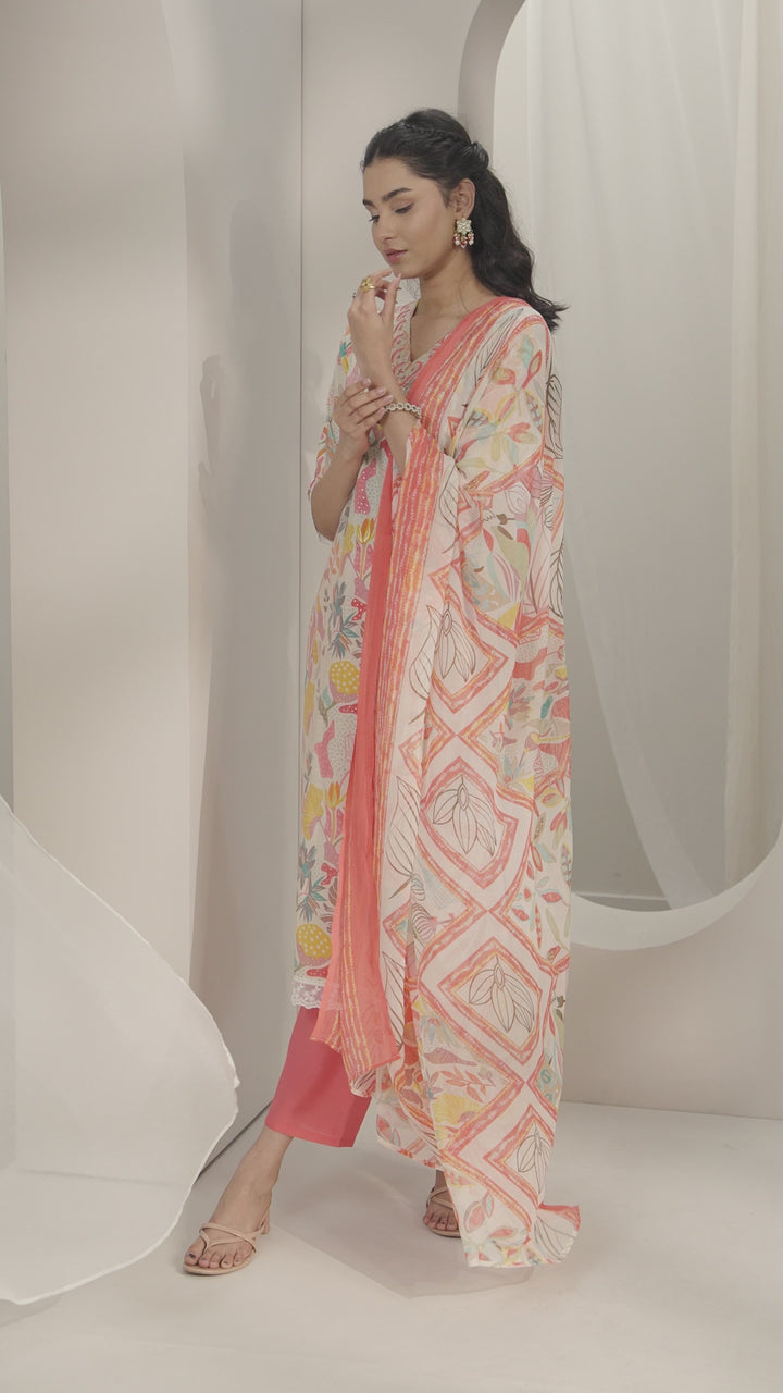 Multi Printed Silk Blend Straight Suit Set With Dupatta