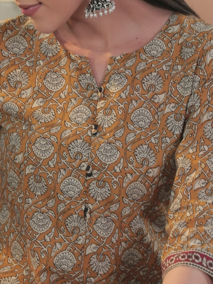 Mustard Printed Cotton Straight Suit With Dupatta