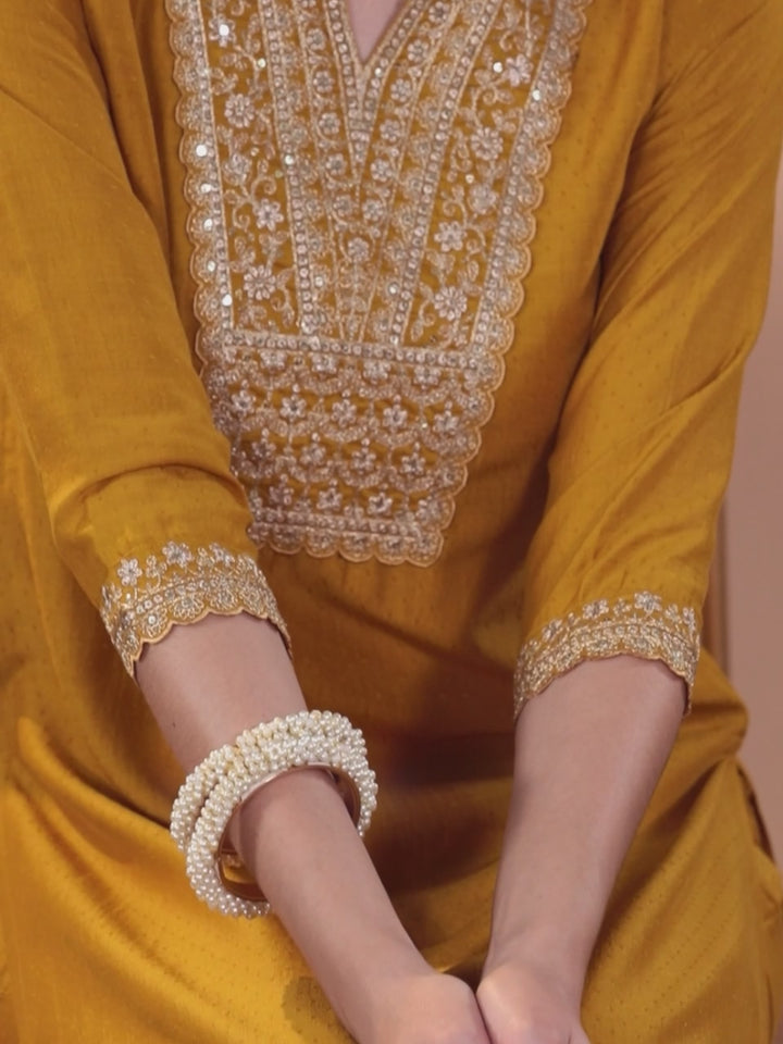 Mustard Yoke Design Silk Blend Straight Suit With Dupatta