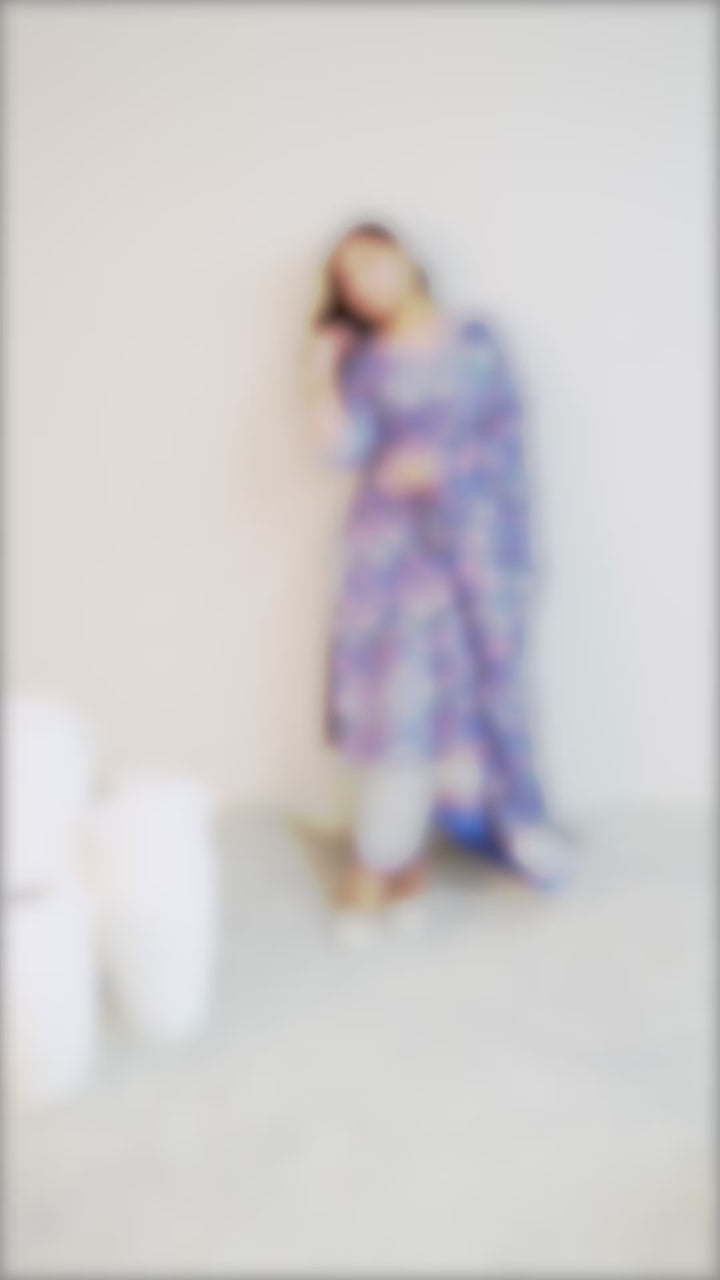 Blue Printed Cotton Straight Suit Set With Dupatta