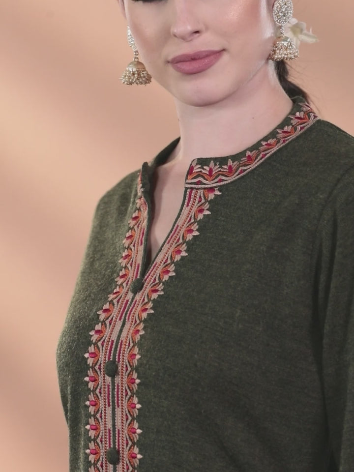 Olive Embroidered Wool Straight Kurta Set