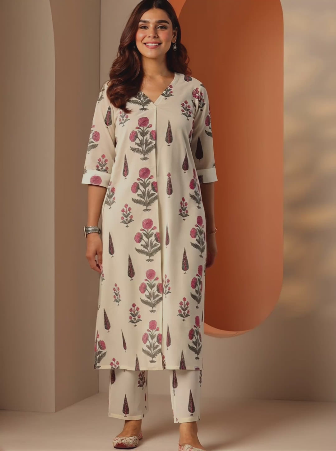 Off White Printed Cotton Straight Kurta Set