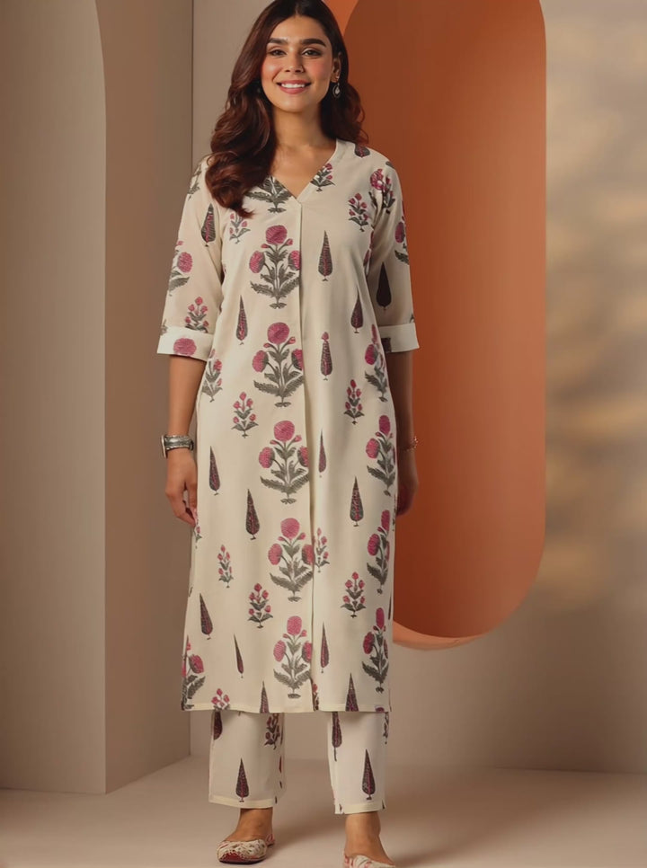 Off White Printed Cotton Straight Kurta Set