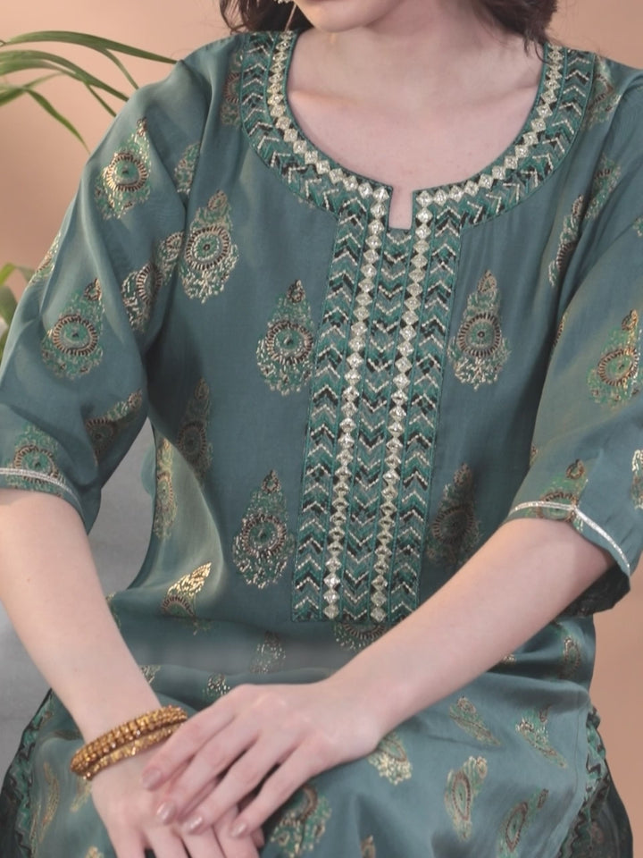 Blue Printed Silk Blend Straight Suit With Dupatta