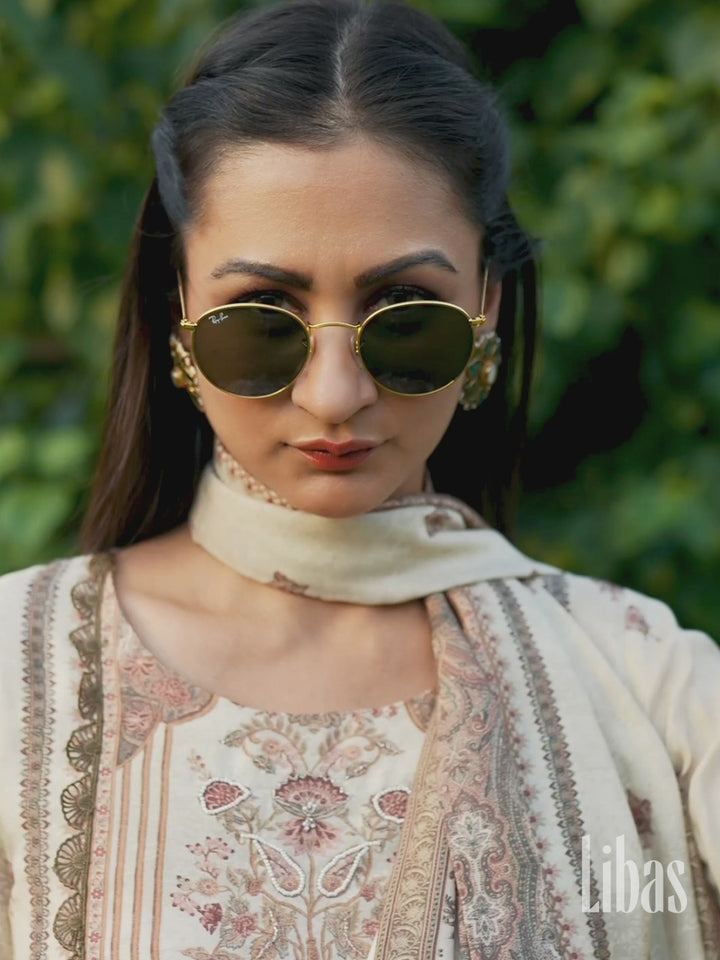 Beige Printed Silk Blend Straight Suit With Dupatta