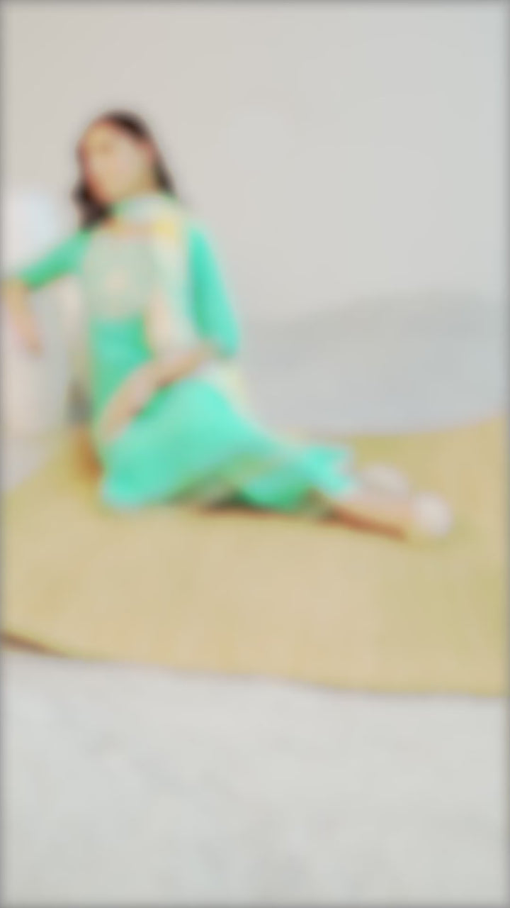 Turquoise Blue Yoke Design Muslin Straight Suit With Dupatta