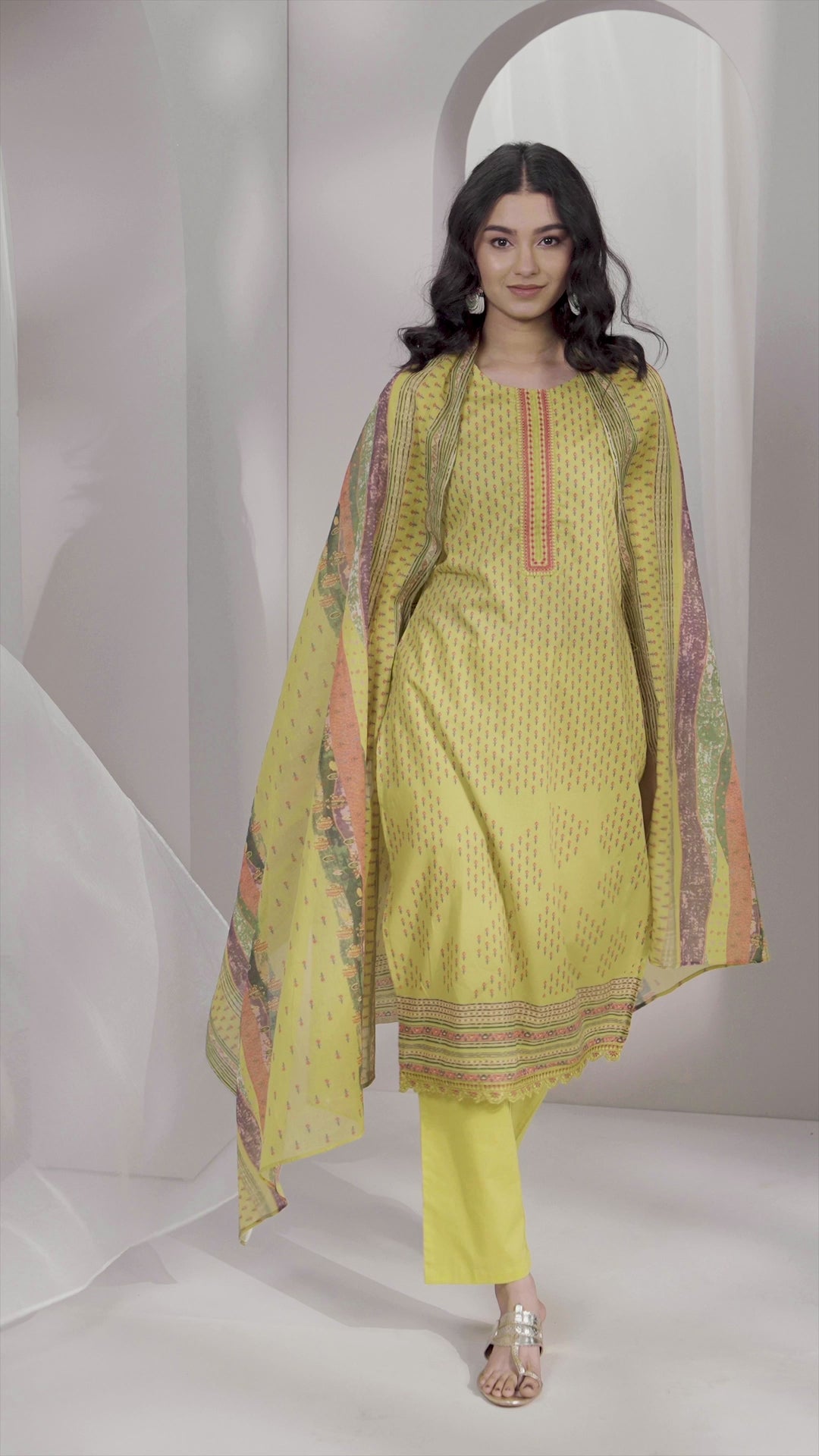 Green Printed Cotton Straight Suit Set With Dupatta