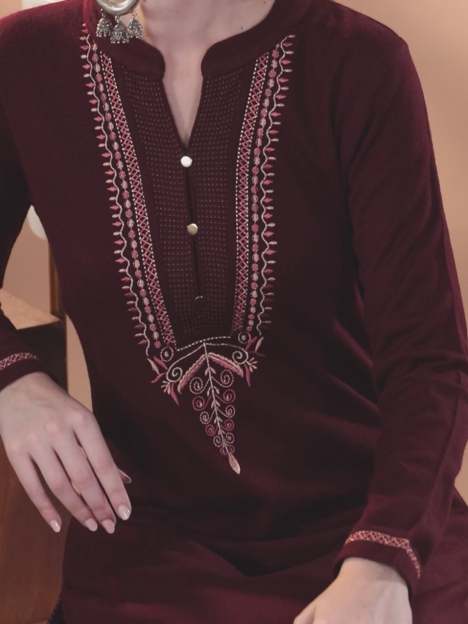 Maroon Yoke Design Wool Blend Straight Suit With Dupatta
