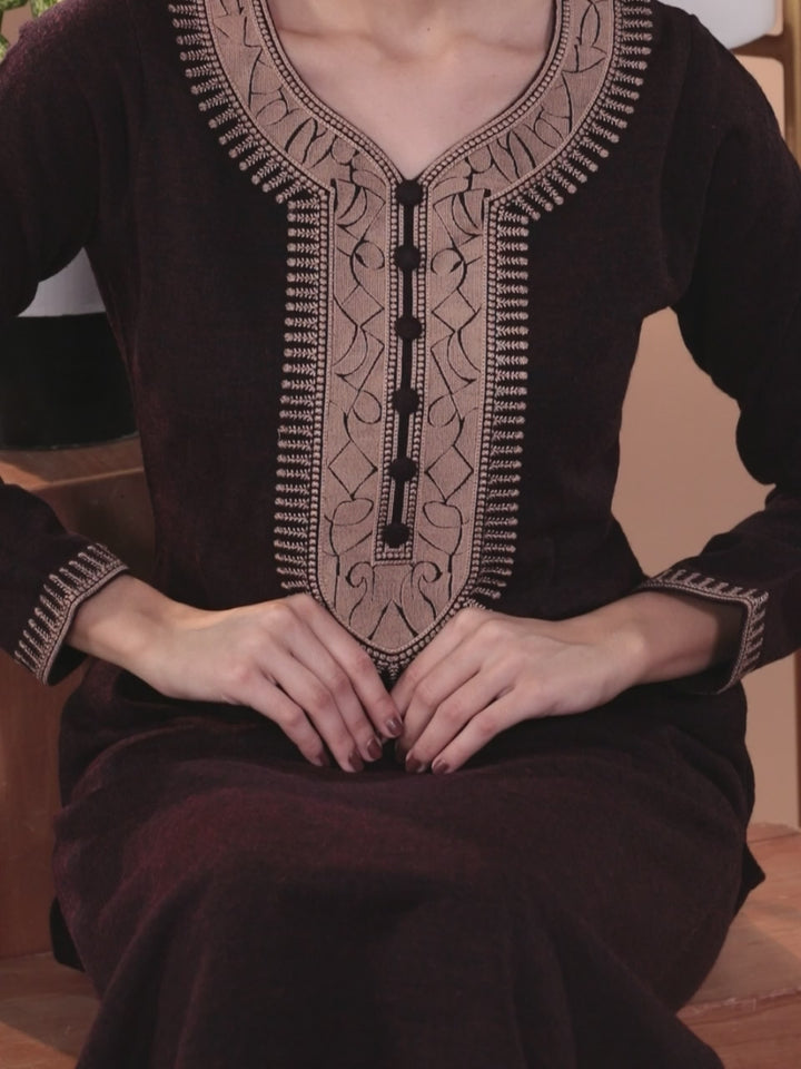 Rust Yoke Design Wool Straight Kurta Set