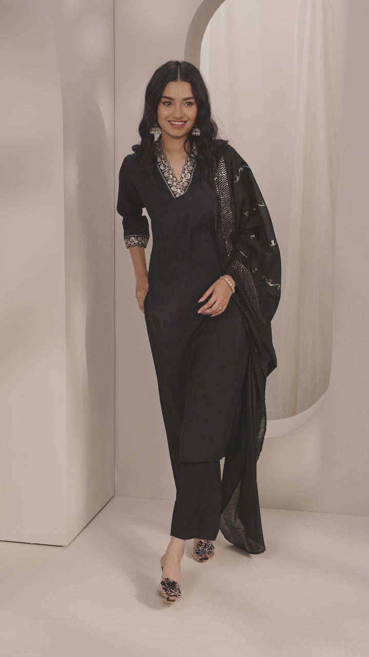 Black Embroidered Silk Blend Straight Suit Sets With Dupatta