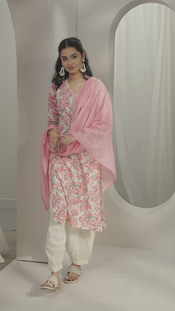 Pink Printed Cotton Blend Straight Suit With Dupatta