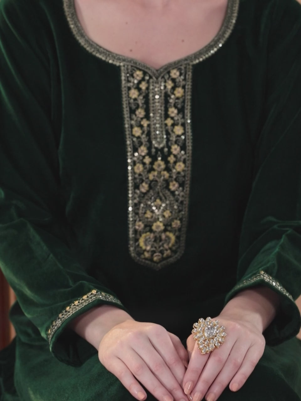 Green Yoke Design Velvet Straight Suit With Dupatta