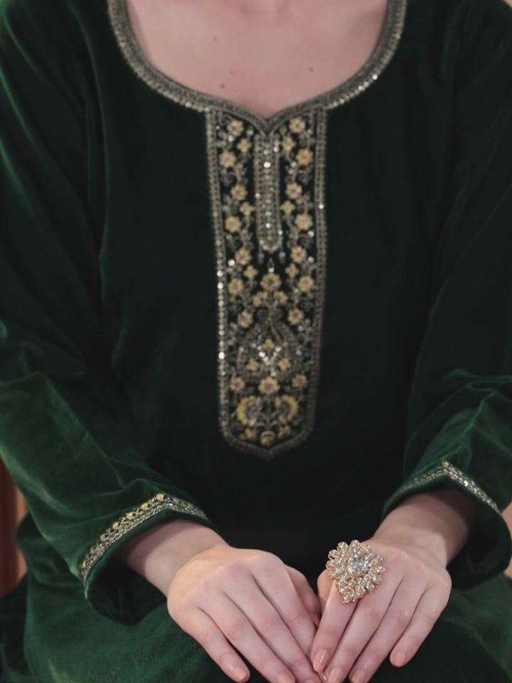 Green Yoke Design Velvet Straight Suit With Dupatta