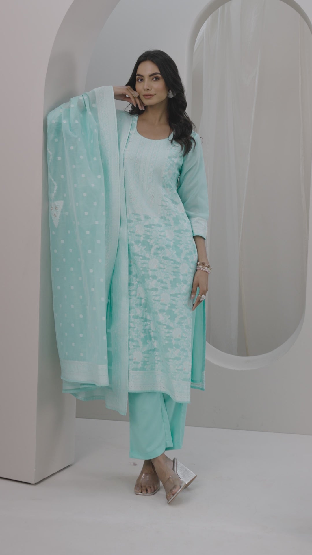 Turquoise Blue Woven Design Chanderi Silk Straight Suit Set With Dupatta