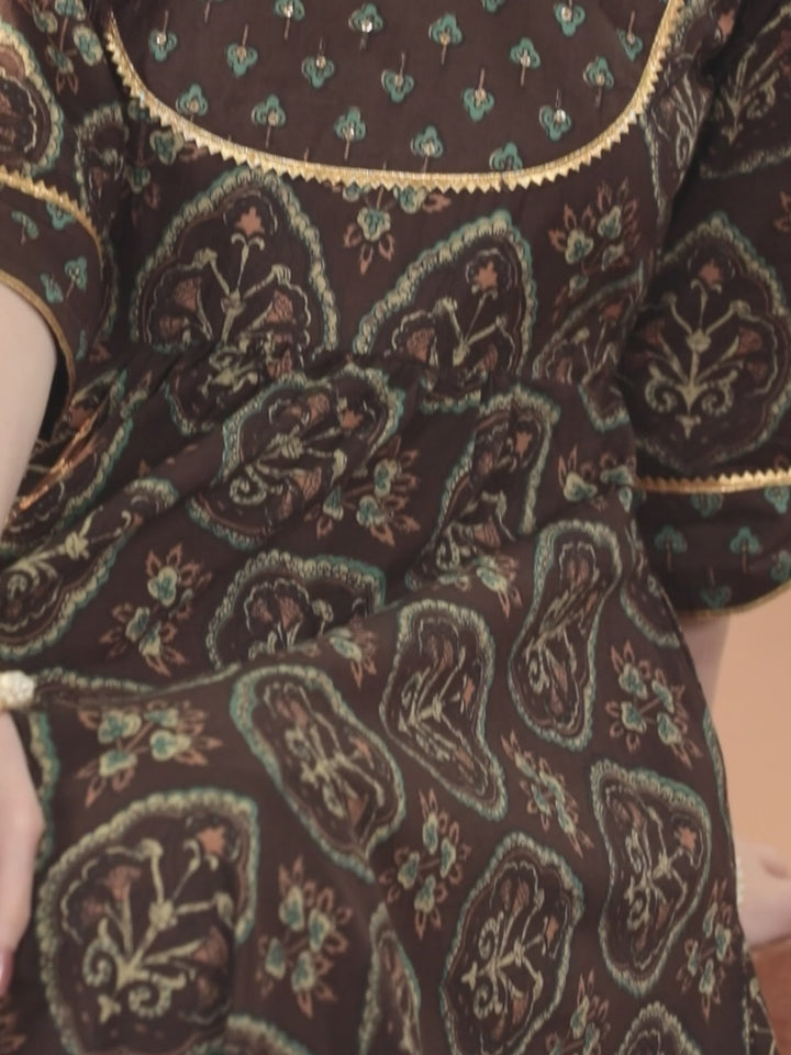 Brown Printed Cotton Anarkali Suit With Dupatta