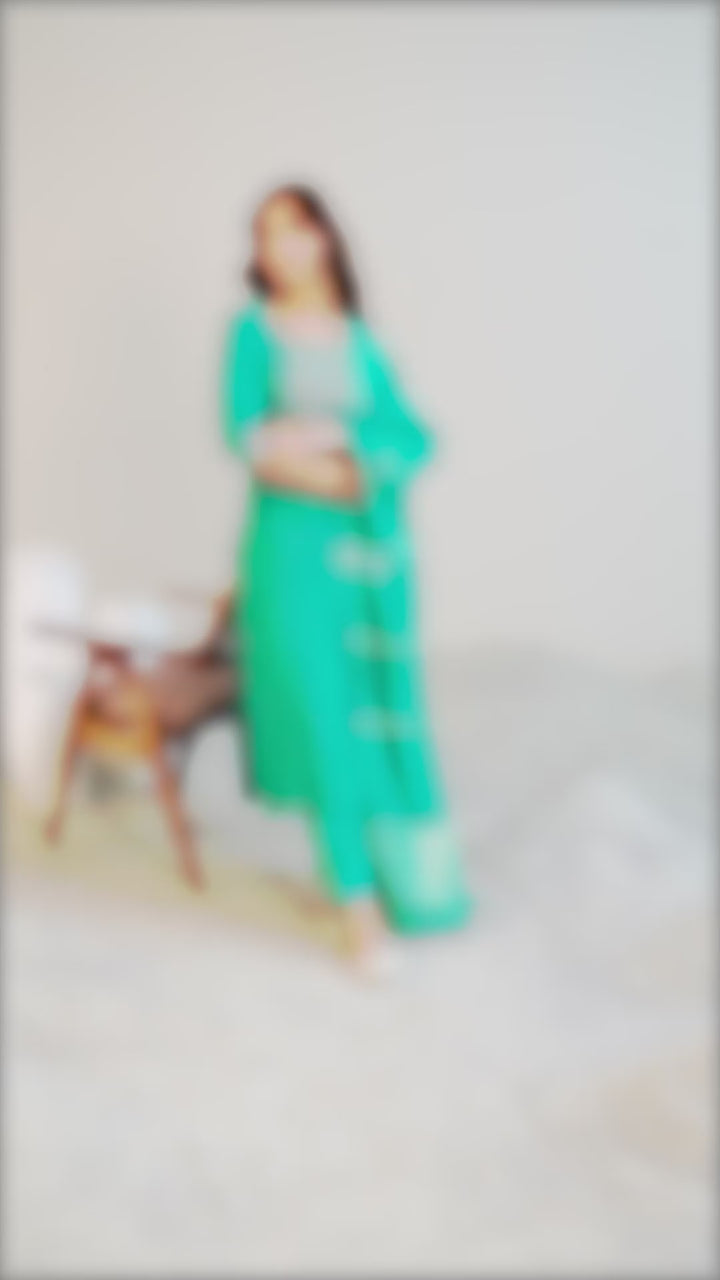 Teal Embroidered Silk Blend Straight Suit With Dupatta