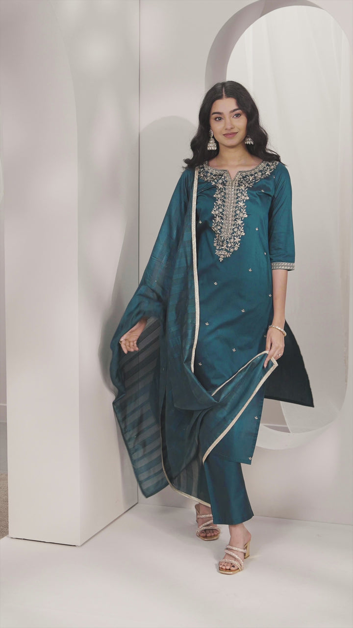 Teal Embroidered Silk Blend Straight Suit Set With Dupatta