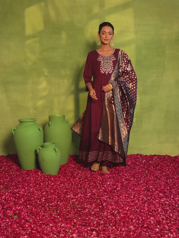 Burgundy Yoke Design Rayon Anarkali Suit With Dupatta