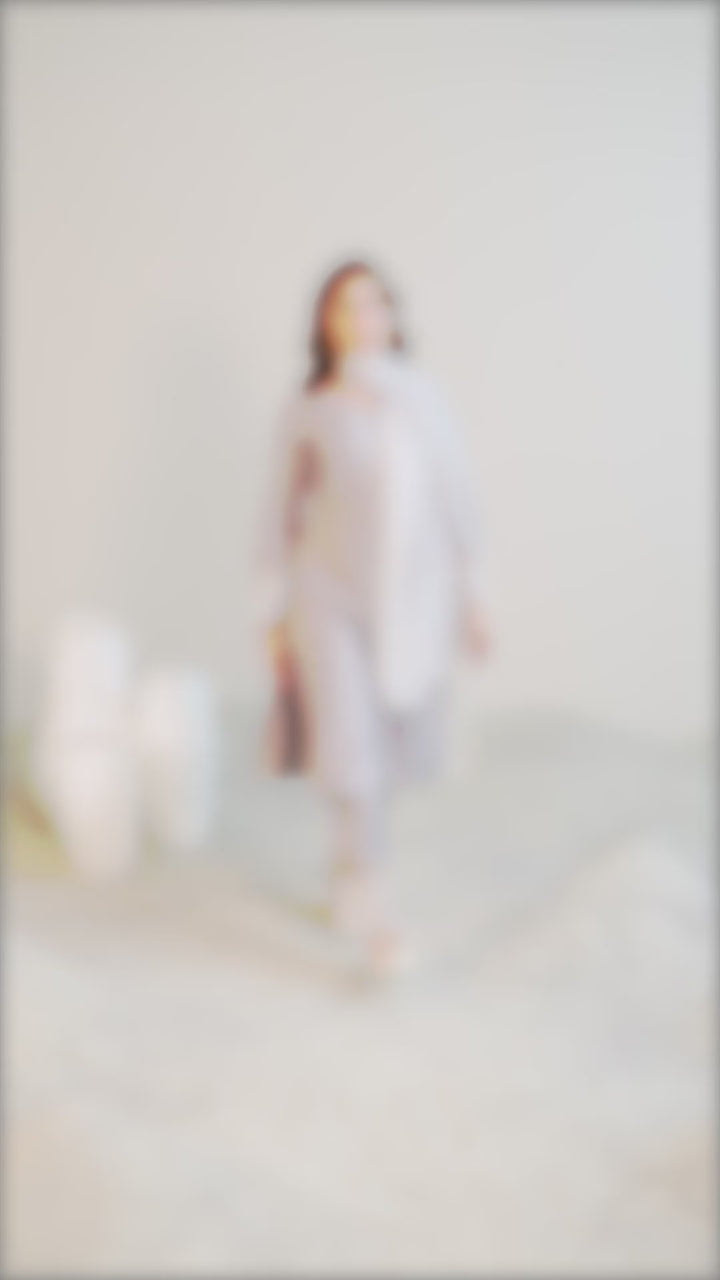 Grey Yoke Design Silk Blend Straight Suit Set With Dupatta