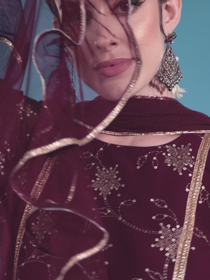 Wine Embroidered Georgette A-Line Kurti With Sharara & Dupatta