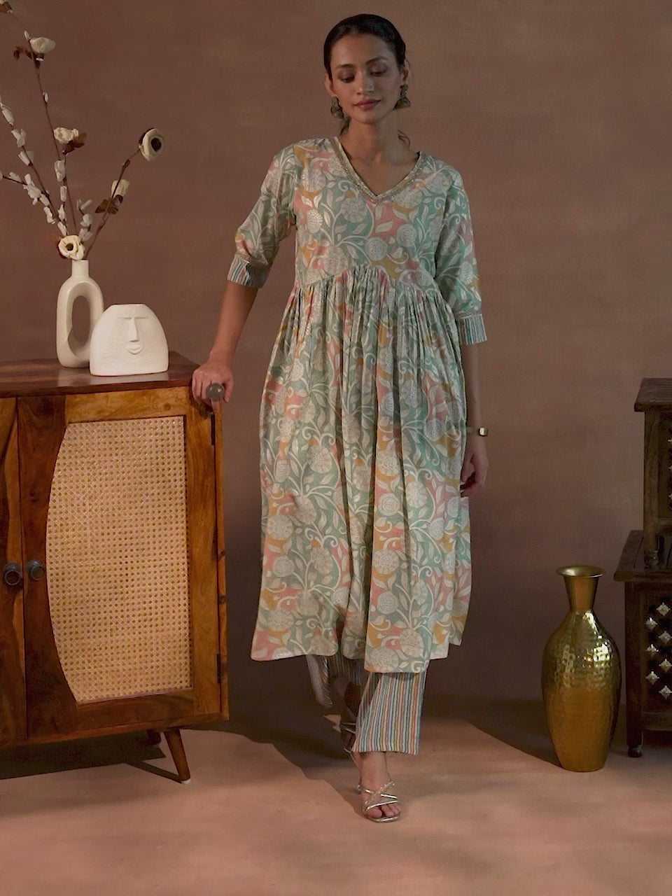 Beige Printed Silk Blend Anarkali Kurta Set