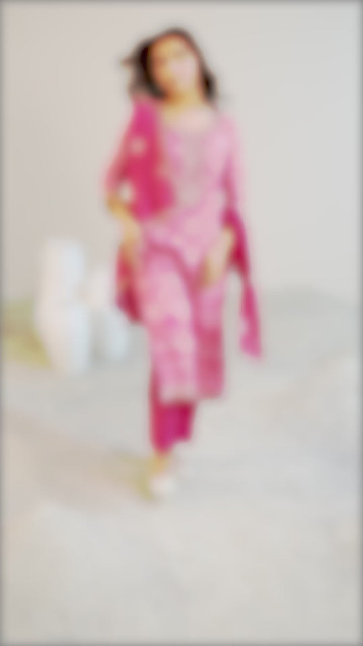 Pink Printed Chinon Straight Suit Set With Dupatta