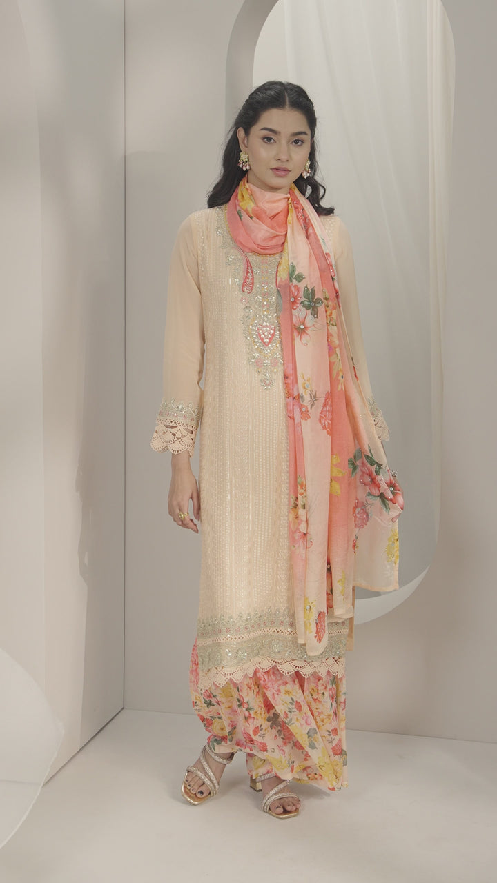 Libas Art Peach Embroidered Georgette Straight Sharara Suit Set With Dupatta