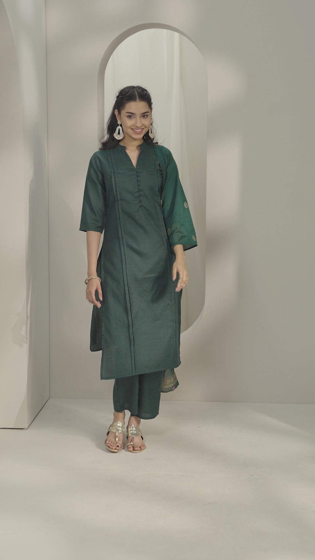 Green Solid Cotton Blend Straight Suit With Dupatta