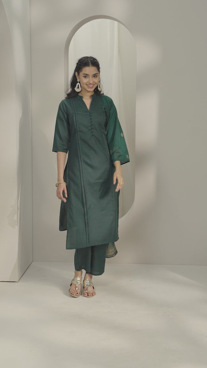 Green Solid Cotton Blend Straight Suit With Dupatta