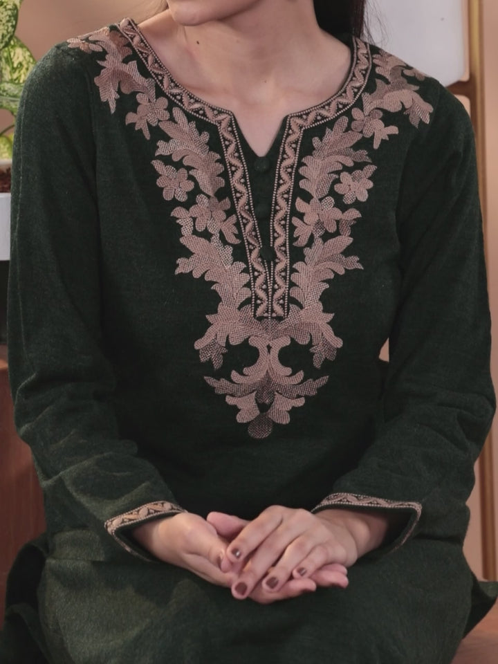 Green Yoke Design Wool Straight Kurta Set