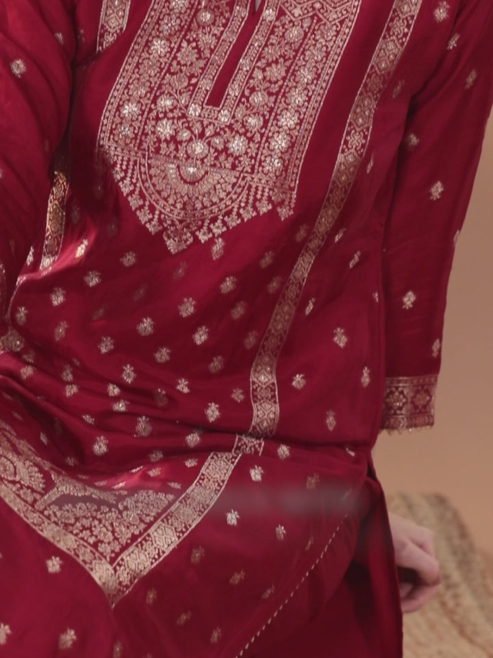 Maroon Woven Design Silk Straight Suit With Dupatta