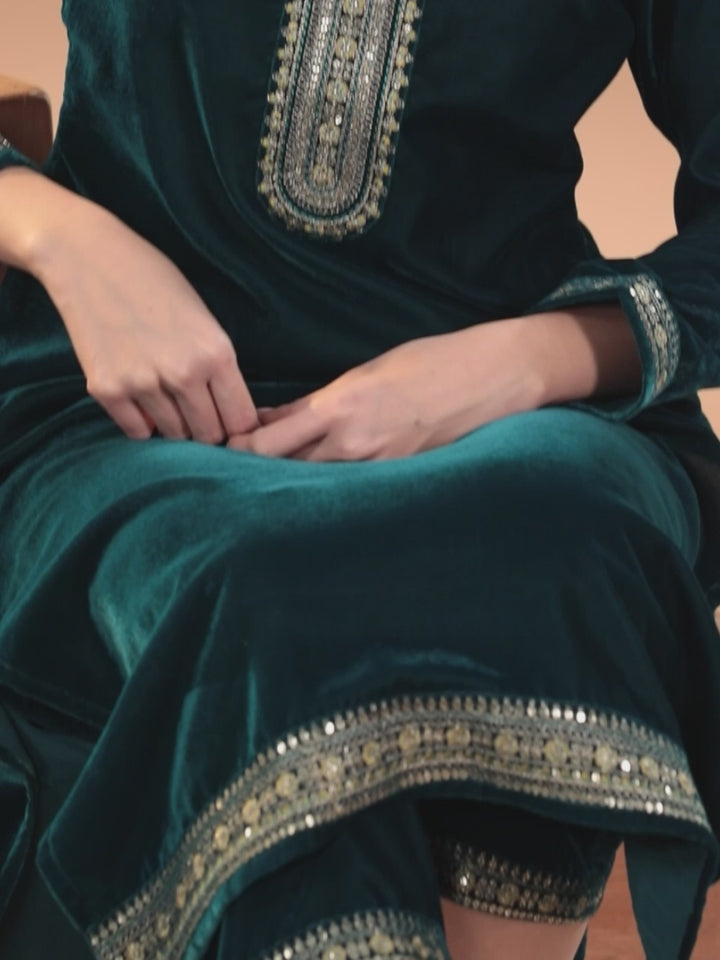 Green Yoke Design Velvet Straight Suit With Dupatta