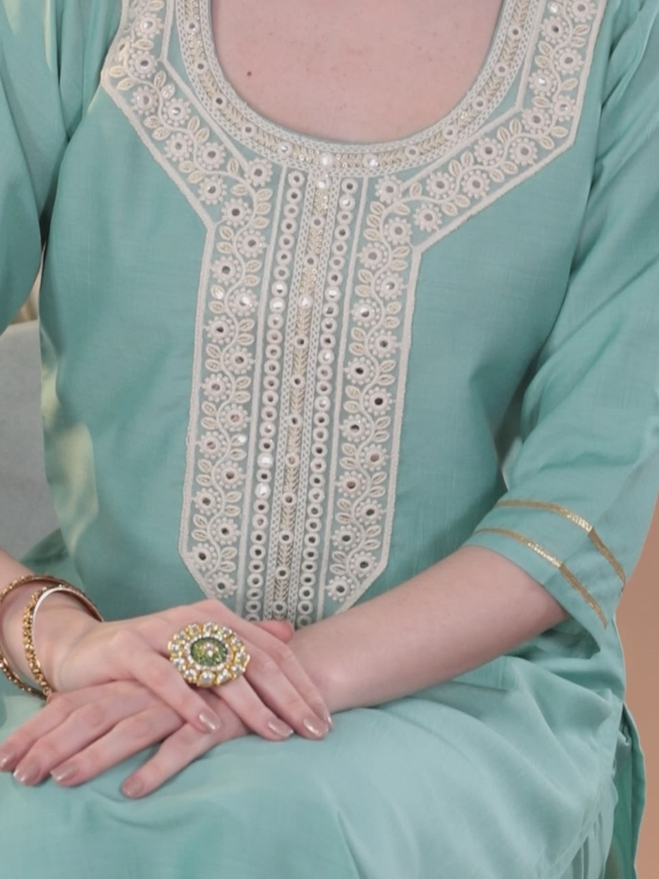 Blue Yoke Design Silk Blend Straight Suit With Dupatta