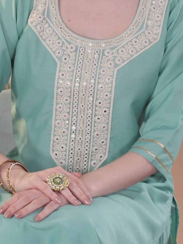 Blue Yoke Design Silk Blend Straight Suit With Dupatta