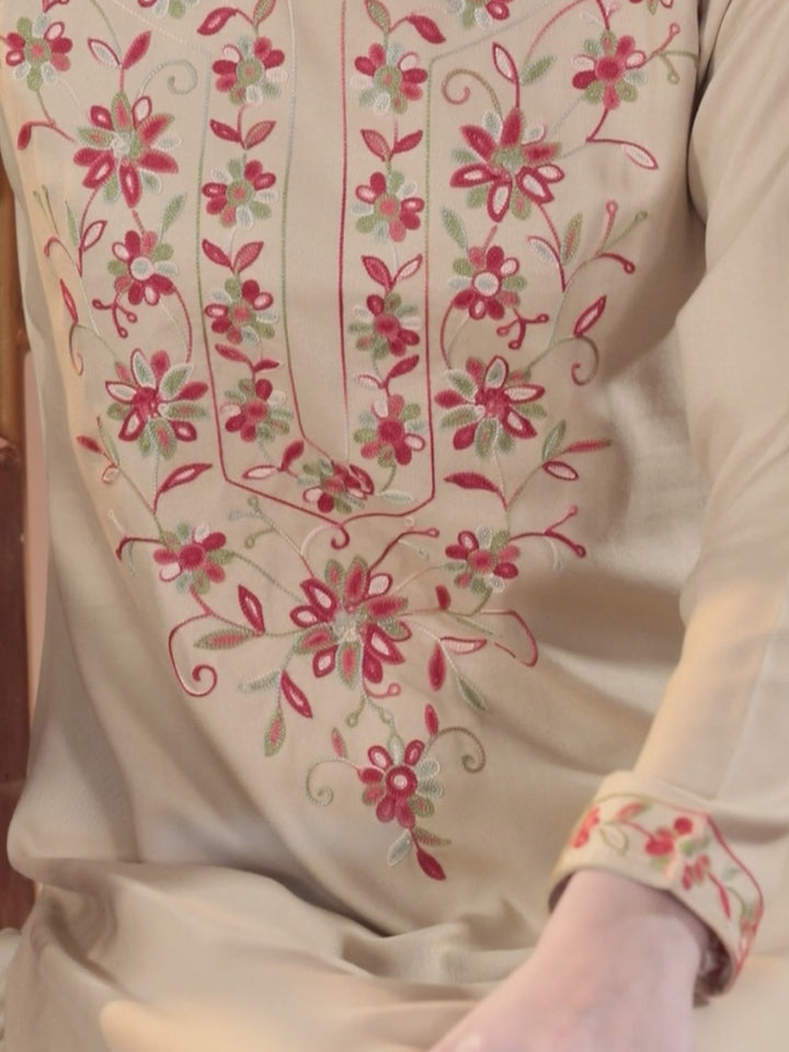 Beige Yoke Design Wool Blend Straight Kurta Set