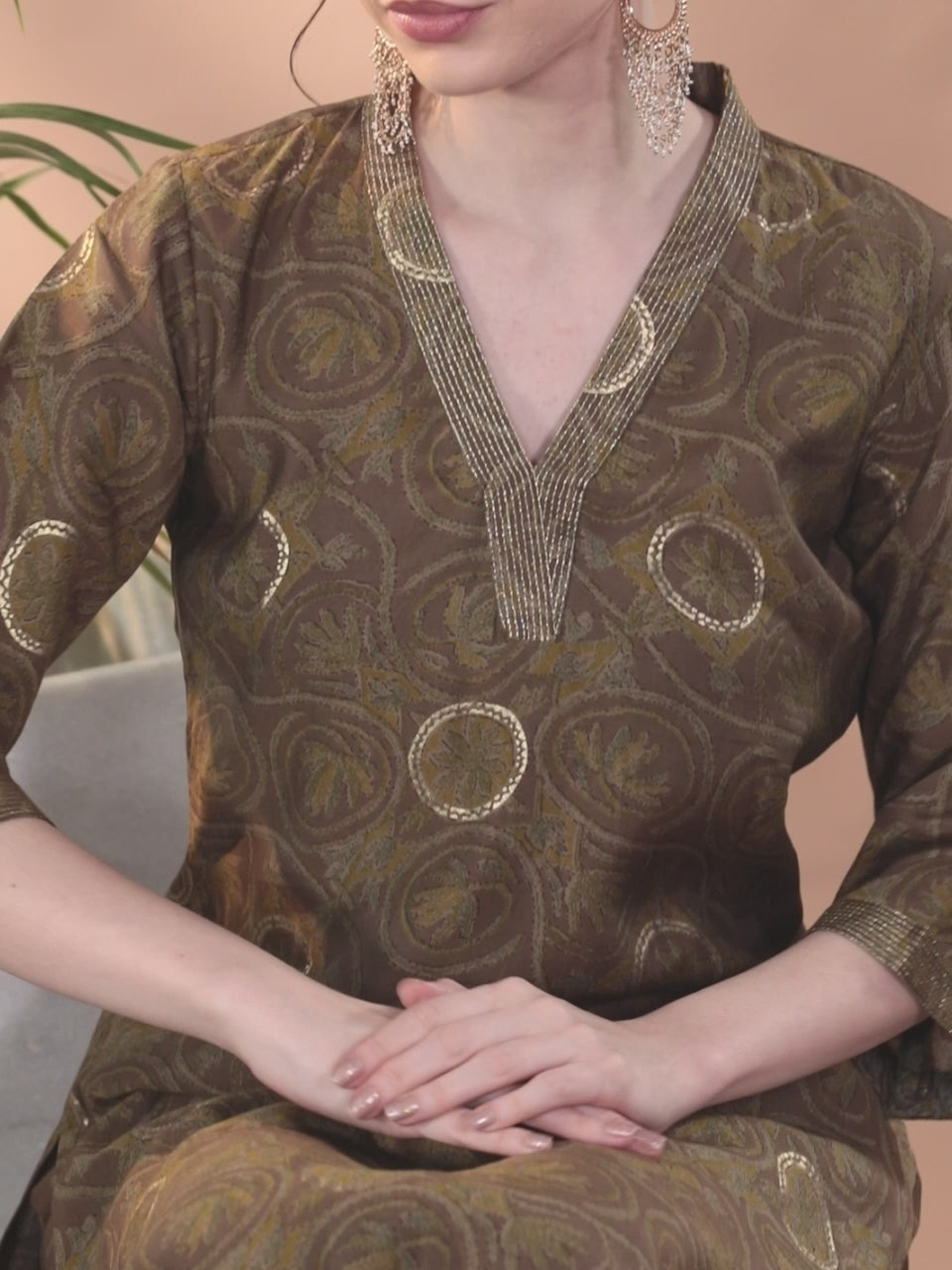 Olive Printed Silk Blend Straight Suit With Dupatta