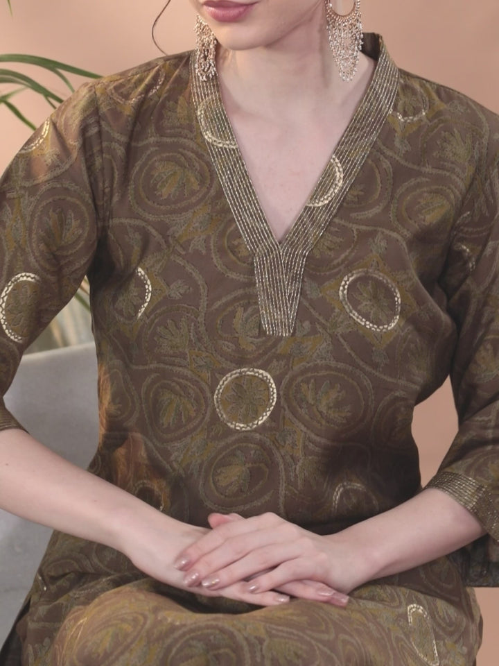 Olive Printed Silk Blend Straight Suit With Dupatta