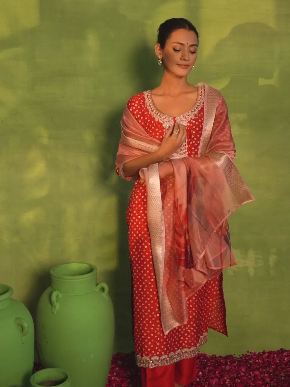 Red Printed Silk Blend Straight Suit With Dupatta