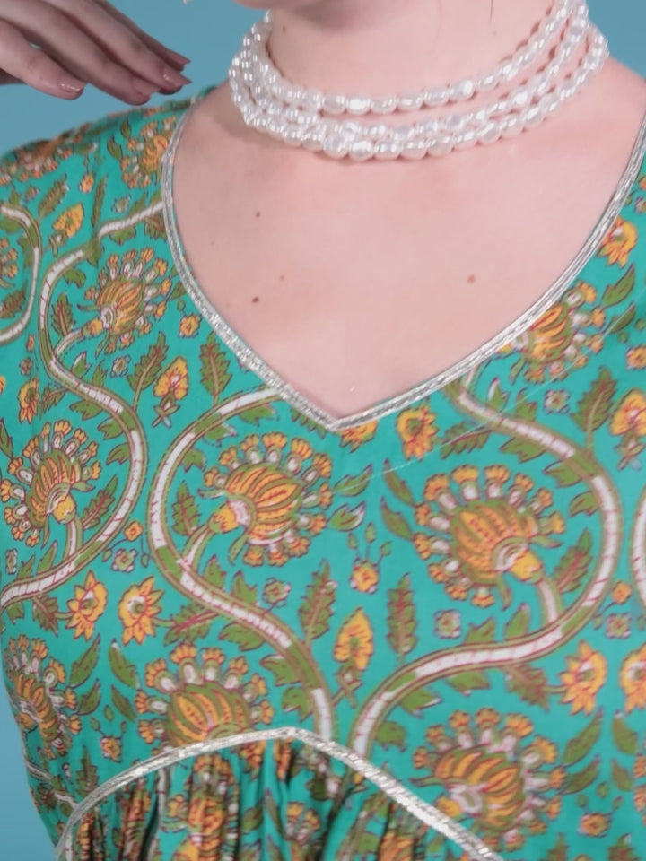 Blue Printed Cotton A-Line Kurta With Palazzos & Dupatta