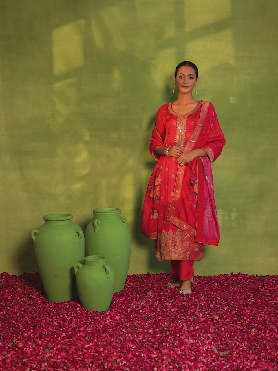 Pink Woven Design Silk Blend Straight Suit With Dupatta