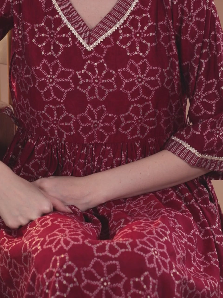 Maroon Printed Silk Blend A-Line Kurta With Trousers & Dupatta