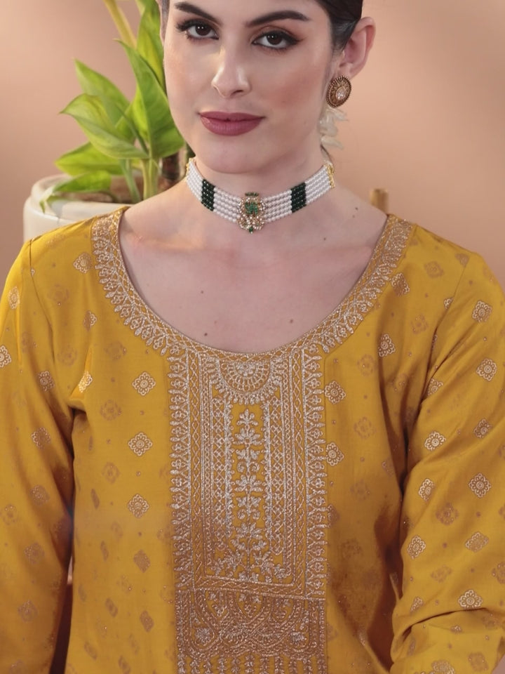 Yellow Woven Design Silk Blend Straight Suit With Dupatta