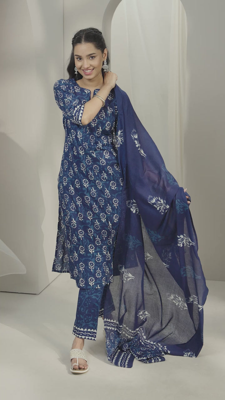 Indigo Printed Cotton Straight Suit Set With Dupatta