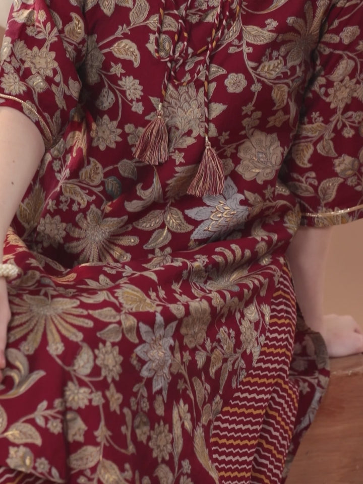 Maroon Printed Silk Blend Straight Suit With Dupatta