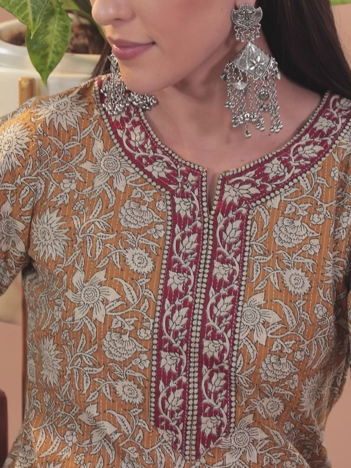 Mustard Printed Cotton Straight Suit With Dupatta