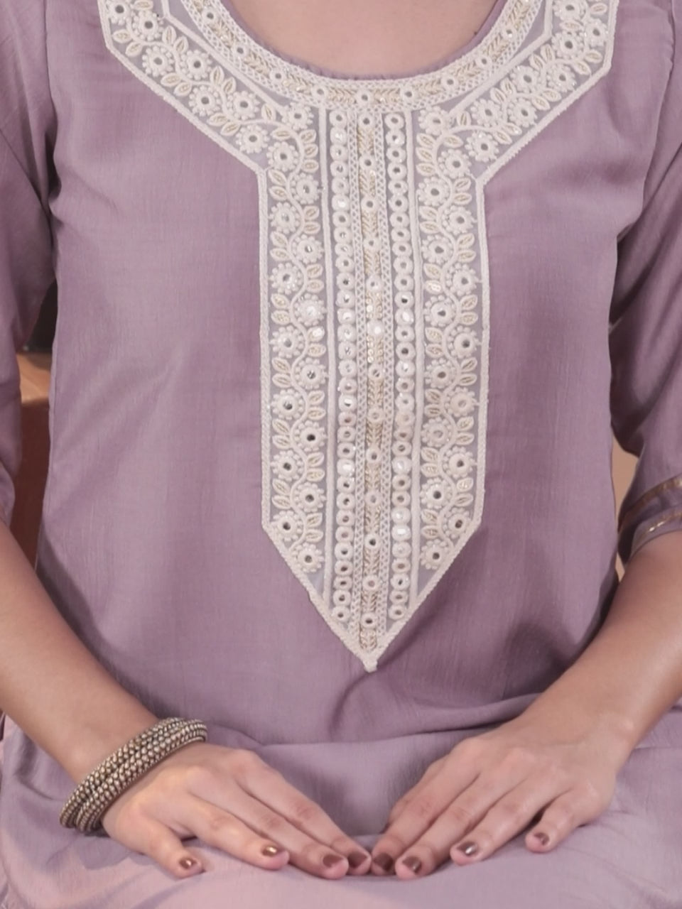 Mauve Yoke Design Silk Blend Straight Suit With Dupatta