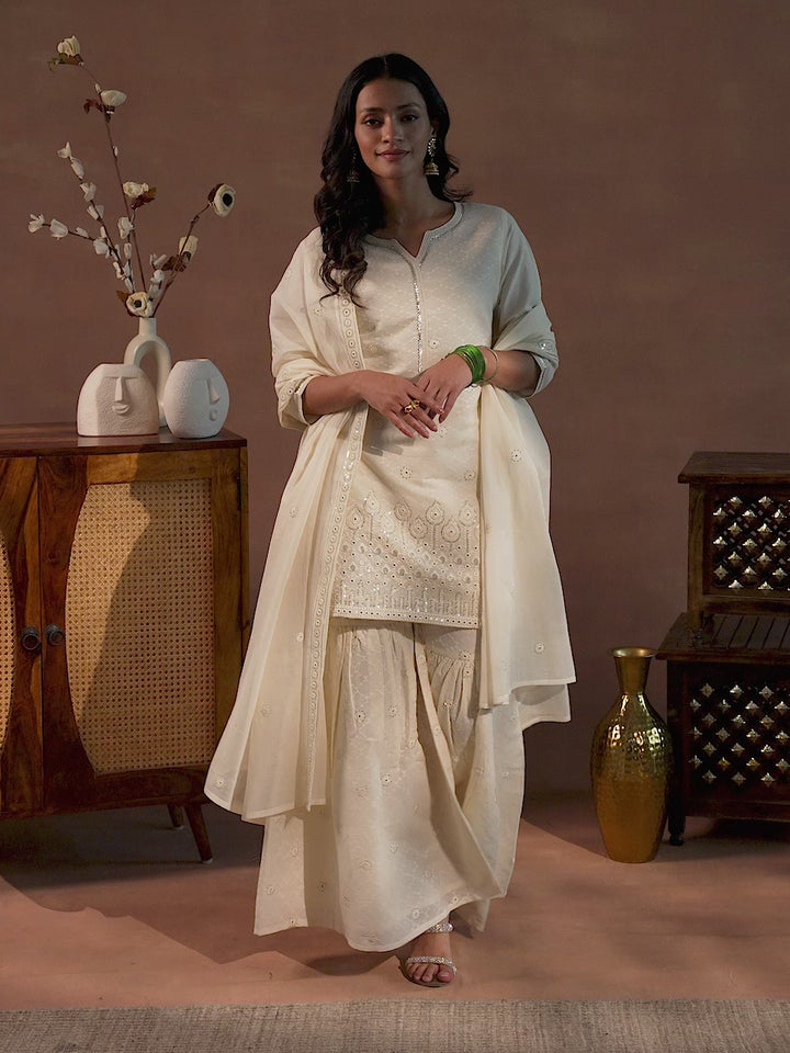 Off White Embroidered Cotton Straight Suit With Dupatta