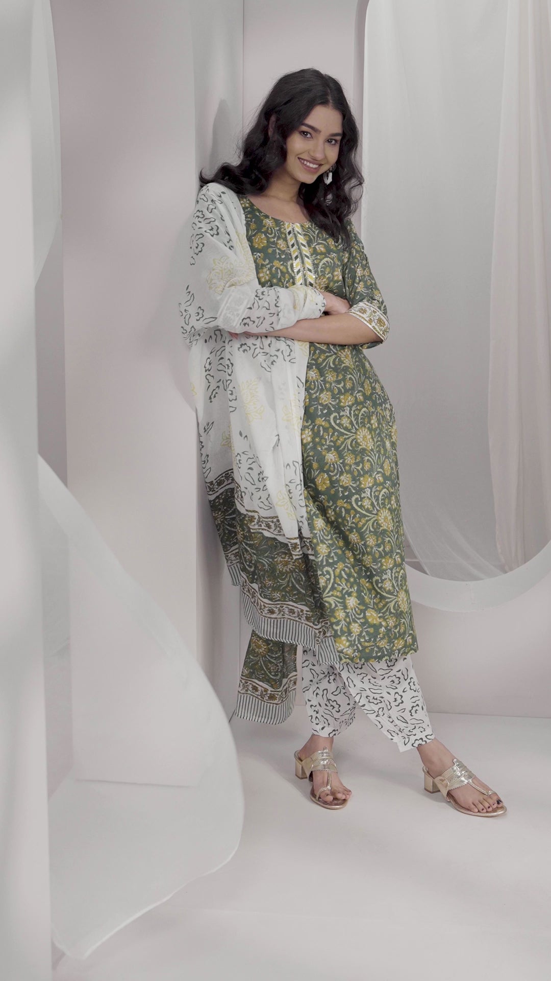Green Printed Cotton Straight Suit Set With Dupatta
