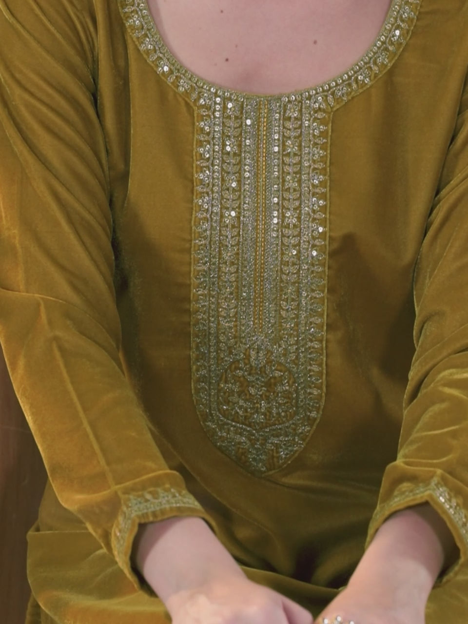 Mustard Yoke Design Velvet Straight Suit With Dupatta