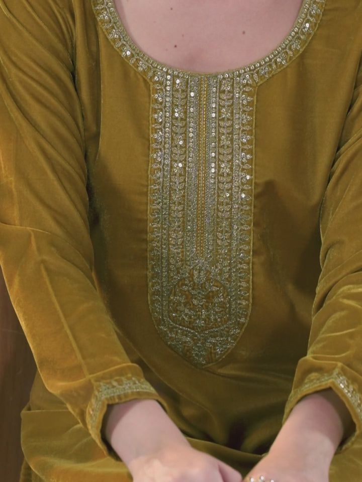 Mustard Yoke Design Velvet Straight Suit With Dupatta